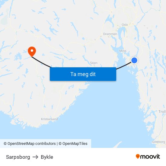 Sarpsborg to Bykle map