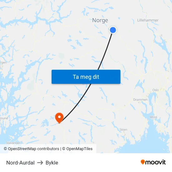 Nord-Aurdal to Bykle map