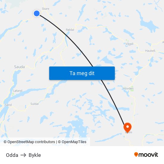 Odda to Bykle map