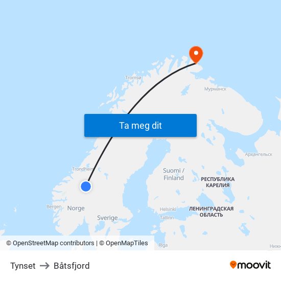 Tynset to Båtsfjord map
