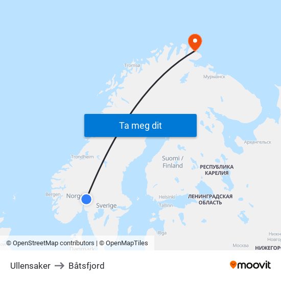 Ullensaker to Båtsfjord map