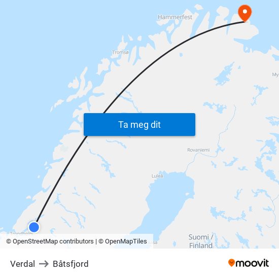Verdal to Båtsfjord map