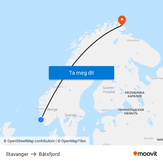 Stavanger to Båtsfjord map