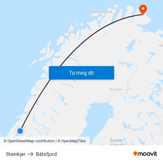 Steinkjer to Båtsfjord map
