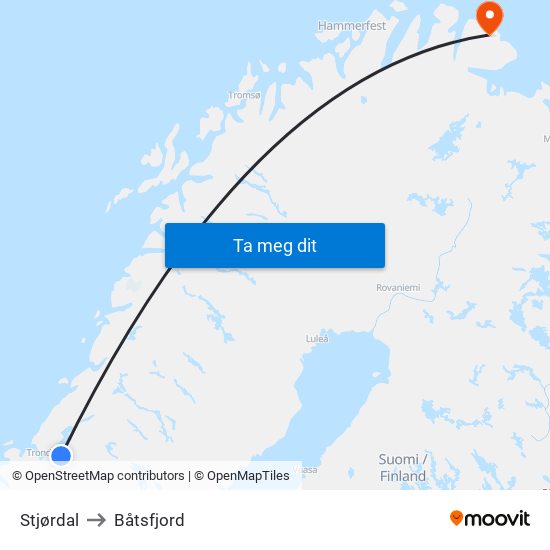 Stjørdal to Båtsfjord map