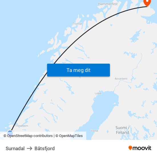 Surnadal to Båtsfjord map