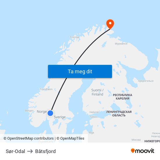 Sør-Odal to Båtsfjord map