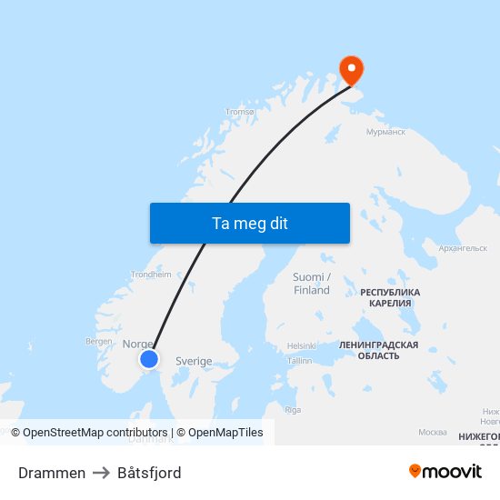 Drammen to Båtsfjord map