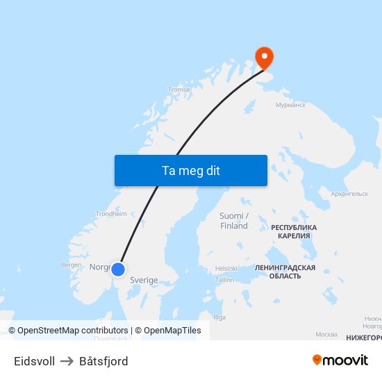 Eidsvoll to Båtsfjord map