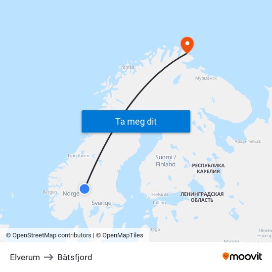 Elverum to Båtsfjord map