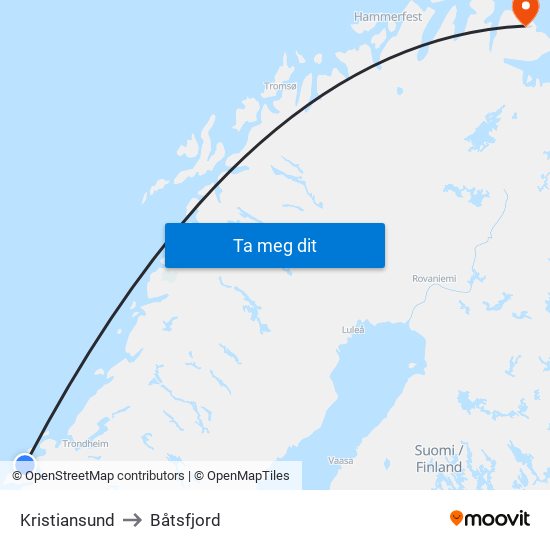 Kristiansund to Båtsfjord map