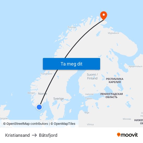 Kristiansand to Båtsfjord map