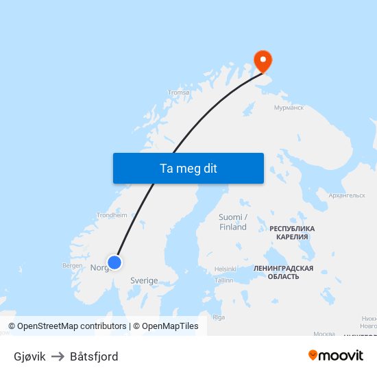 Gjøvik to Båtsfjord map