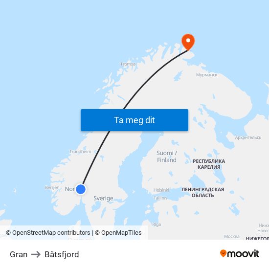 Gran to Båtsfjord map