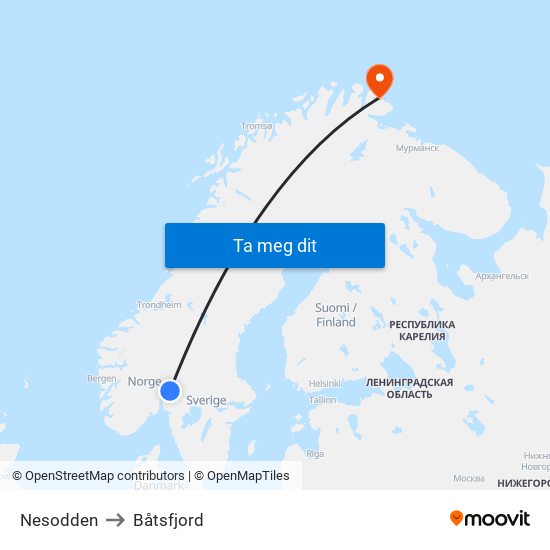 Nesodden to Båtsfjord map