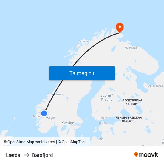 Lærdal to Båtsfjord map