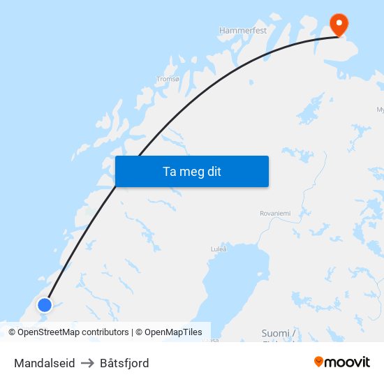 Mandalseid to Båtsfjord map