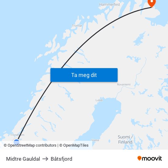 Midtre Gauldal to Båtsfjord map