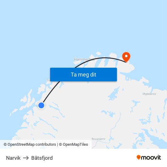 Narvik to Båtsfjord map