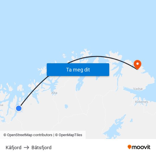 Kåfjord to Båtsfjord map