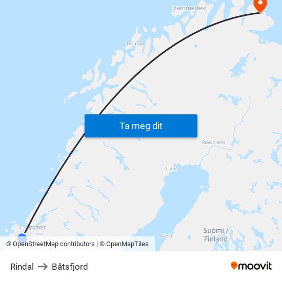 Rindal to Båtsfjord map