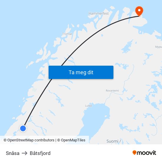Snåsa to Båtsfjord map
