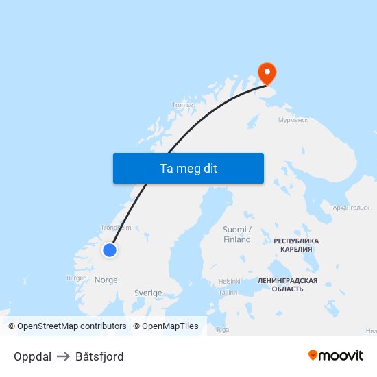 Oppdal to Båtsfjord map