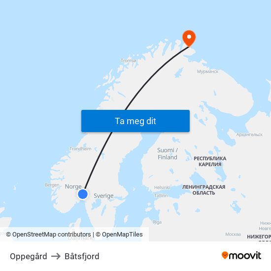 Oppegård to Båtsfjord map
