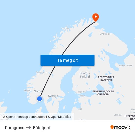 Porsgrunn to Båtsfjord map