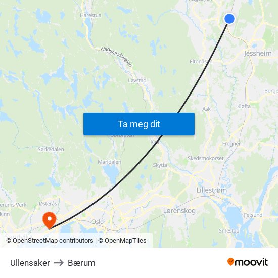 Ullensaker to Bærum map