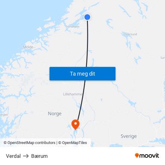 Verdal to Bærum map