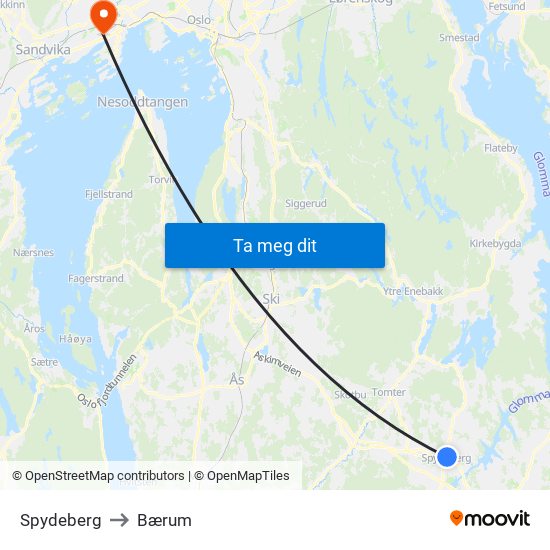 Spydeberg to Bærum map