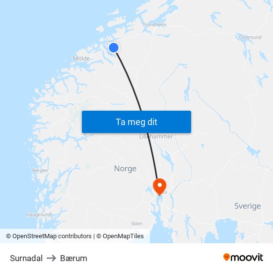 Surnadal to Bærum map