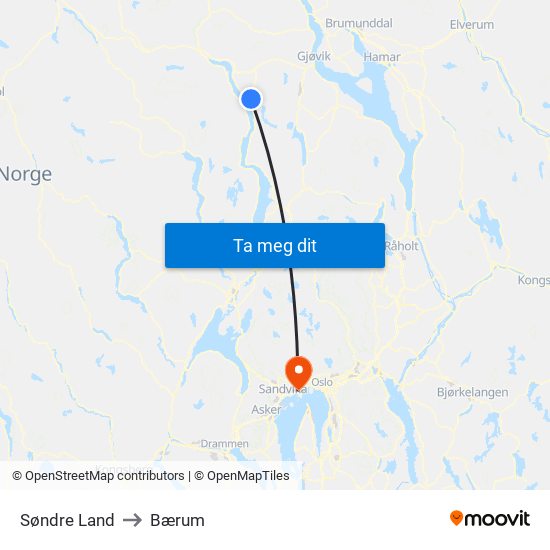 Søndre Land to Bærum map