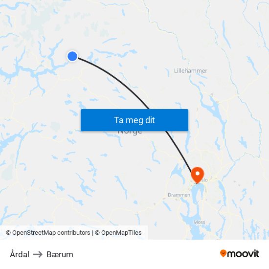 Årdal to Bærum map