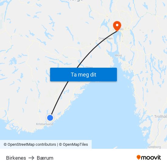 Birkenes to Bærum map