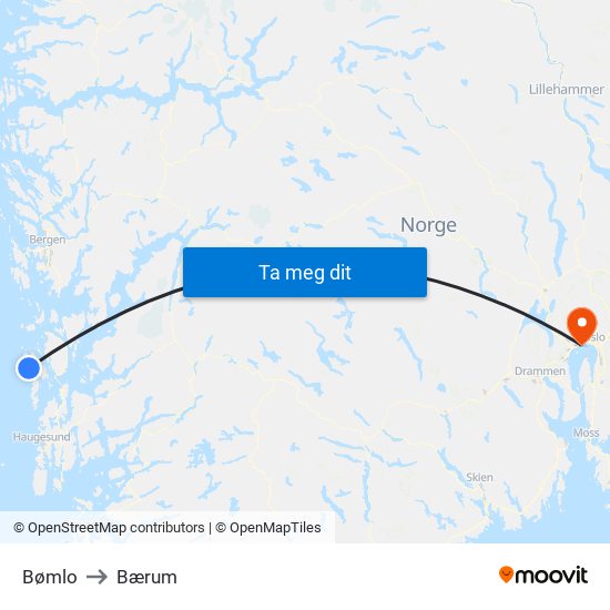 Bømlo to Bærum map