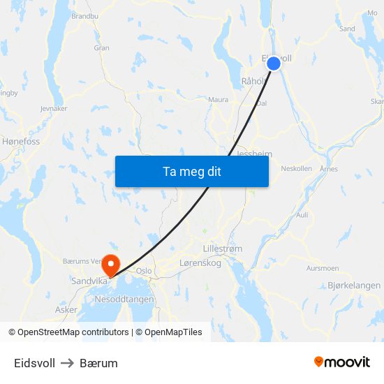 Eidsvoll to Bærum map