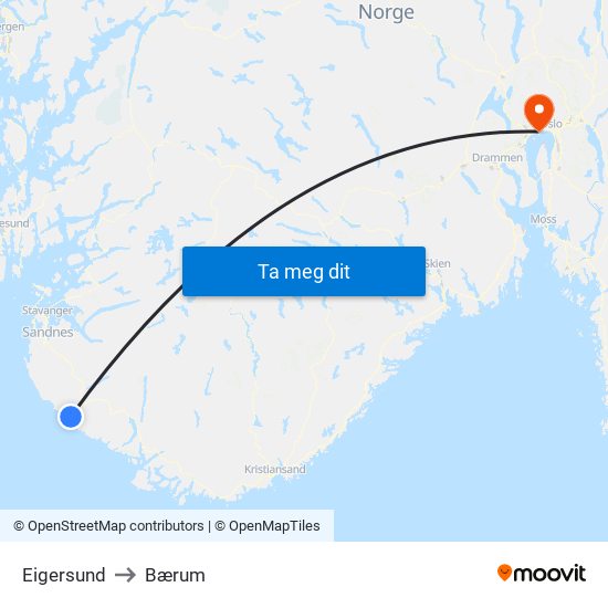 Eigersund to Bærum map