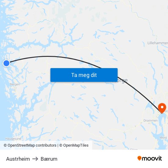 Austrheim to Bærum map