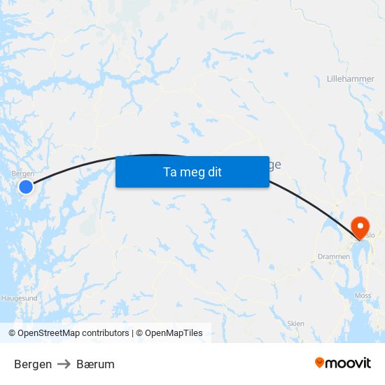 Bergen to Bærum map
