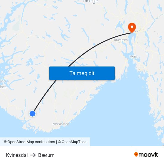 Kvinesdal to Bærum map