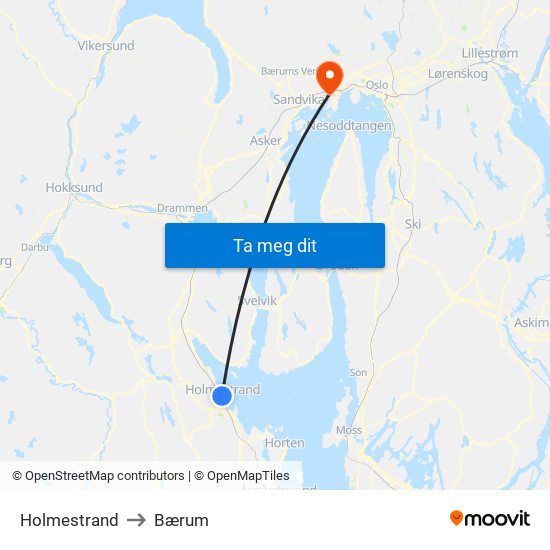 Holmestrand to Bærum map