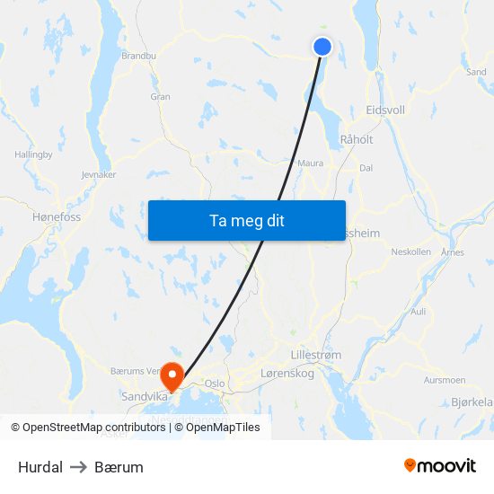 Hurdal to Bærum map