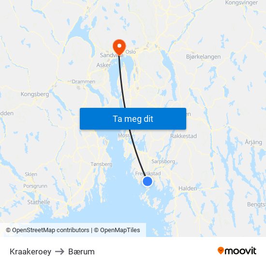 Kraakeroey to Bærum map