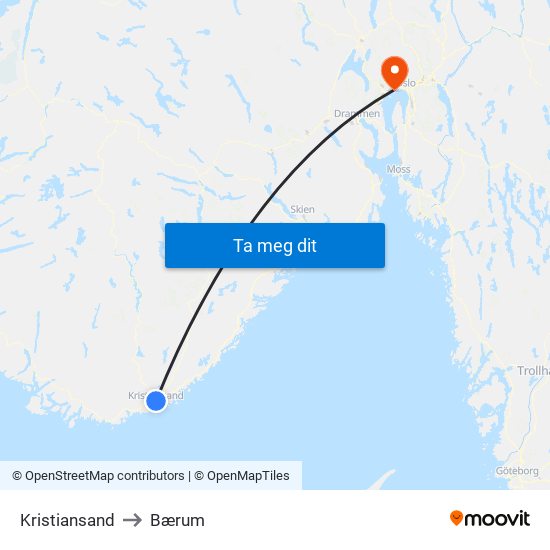 Kristiansand to Bærum map