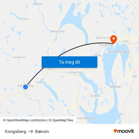 Kongsberg to Bærum map