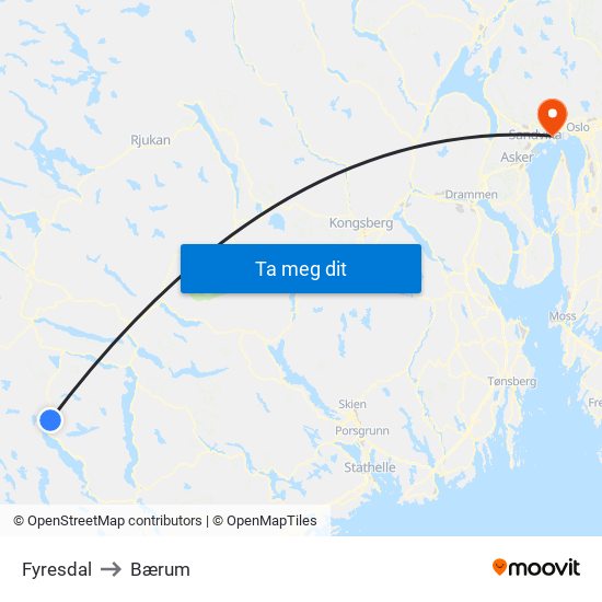 Fyresdal to Bærum map