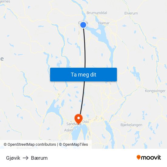 Gjøvik to Bærum map