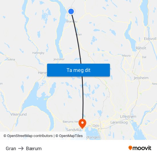 Gran to Bærum map